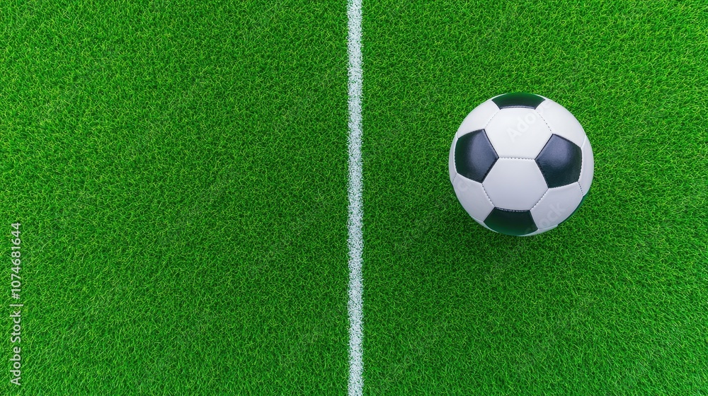 Fototapeta premium Top-down view of a vibrant green football field featuring a classic black and white soccer ball in a lively sports setting
