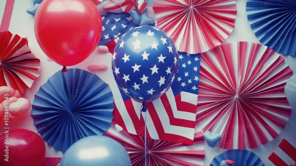 Fototapeta premium American patriotic celebration with red, white and blue balloons and confetti.