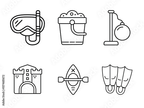 A set of six line icons depicting beach vacation activities diving goggles, bucket and shovel, swing set, sandcastle, kayak, and flippers.