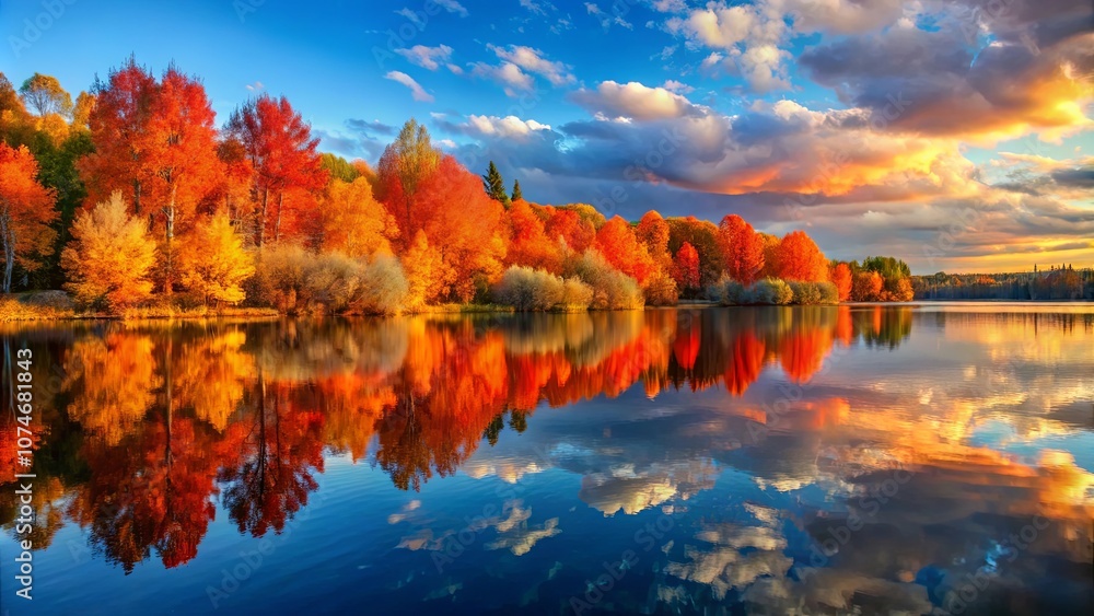 Fototapeta premium Autumnal Serenity Vivid Reflections of Red and Yellow Trees Mirrored in a Still Lake Under a Cloudy Sky