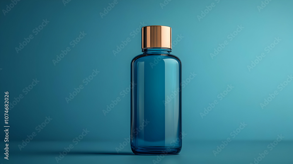 Blue Glass Bottle with Gold Cap on Blue Background 3D Rendering Blue Glass Bottle with Gold Cap on Blue Background 3D Rendering