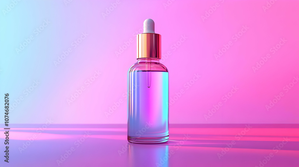 Glass Dropper Bottle on Pink and Blue Gradient Background - 3d Illustration Glass Dropper Bottle on Pink and Blue Gradient Background - 3d Illustration