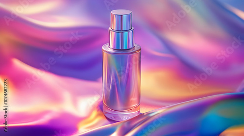 Glass Perfume Bottle on Holographic Background