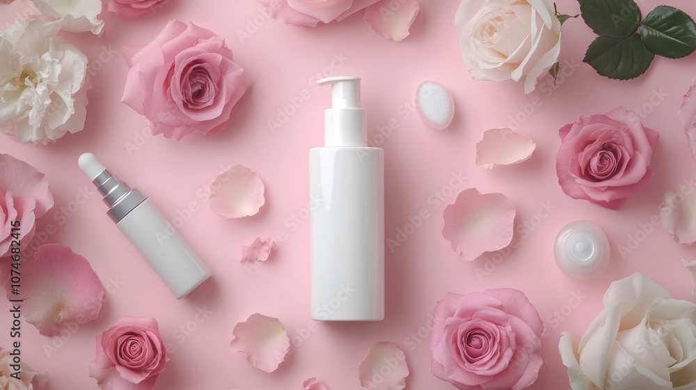 High-quality beauty products arranged in a visually appealing manner on a pink background with decorative petals. Perfect for promoting health and wellness, or as a gift. High-quality beauty products arranged in a visually appealing manner on a pink background with decorative petals. Perfect for promoting health and wellness, or as a gift.