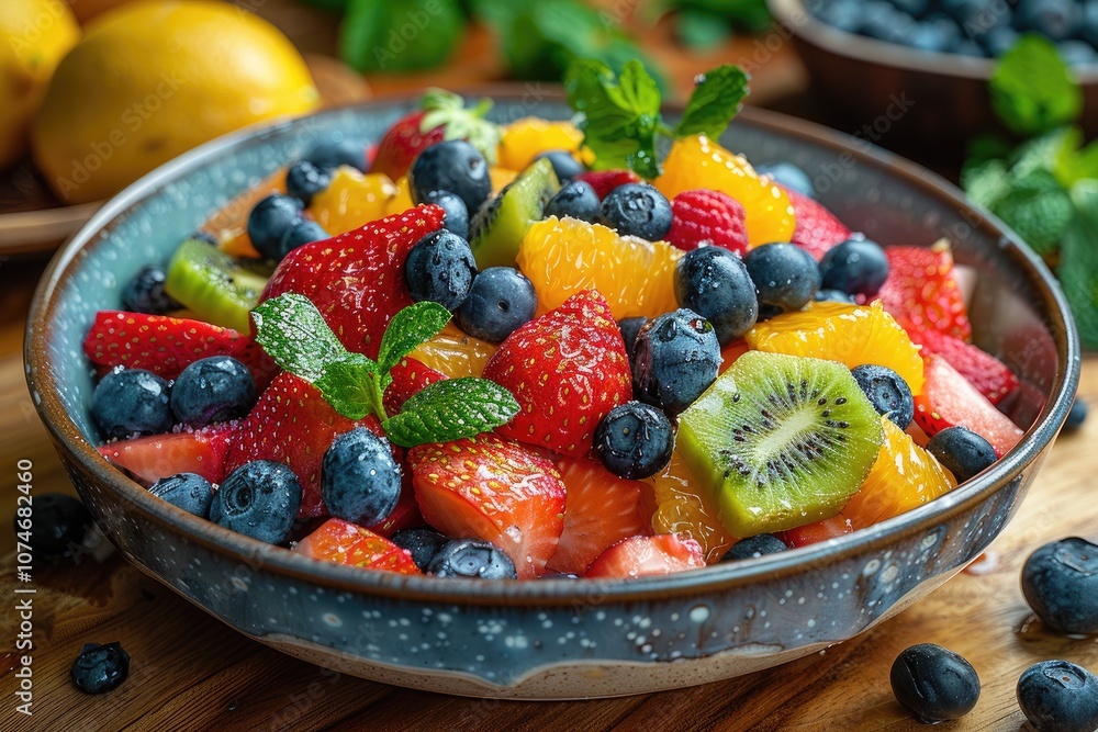 A Bowl of Fresh Fruit Salad with Strawberries, Kiwi, Oranges, and Blueberries A Bowl of Fresh Fruit Salad with Strawberries, Kiwi, Oranges, and Blueberries