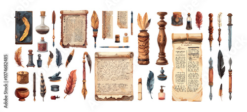 Calligraphy lettering accessories cartoon vector set. Vial flask scroll inkwell manuscripts paper knives quill feather pens, writers poets medieval stuff, isolated illustrations on white background