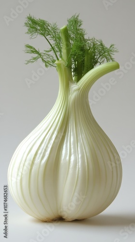 Fresh, organic fennel bulb with green fronds, perfect for culinary uses and healthy recipes, highlighting vibrant textures. photo