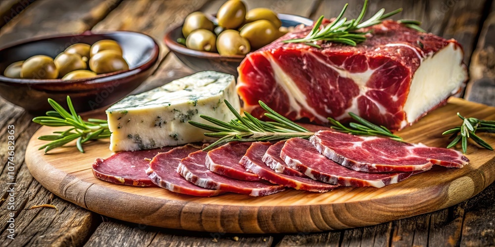 A rustic wooden cutting board with a selection of gourmet cured meat, blue cheese and olives, accented by sprigs of rosemary. A rustic wooden cutting board with a selection of gourmet cured meat, blue cheese and olives, accented by sprigs of rosemary.