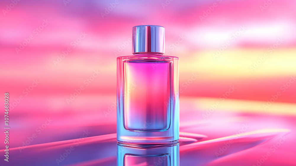 Glass Perfume Bottle on Pink and Blue Abstract Background - 3D Render Glass Perfume Bottle on Pink and Blue Abstract Background - 3D Render