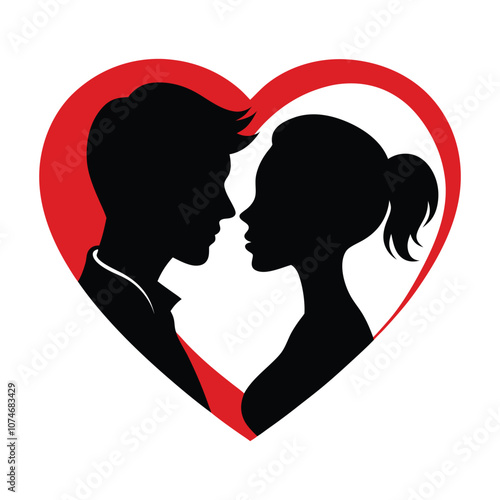 Black Romantic Couple Silhouette Behind Heart Shape Vector Illustration Art