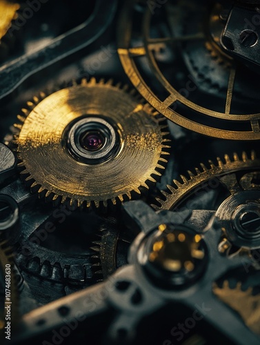 Intricate, gold-toned mechanical clock with multiple gears and cogs, indicative of precision engineering and craftsmanship. photo