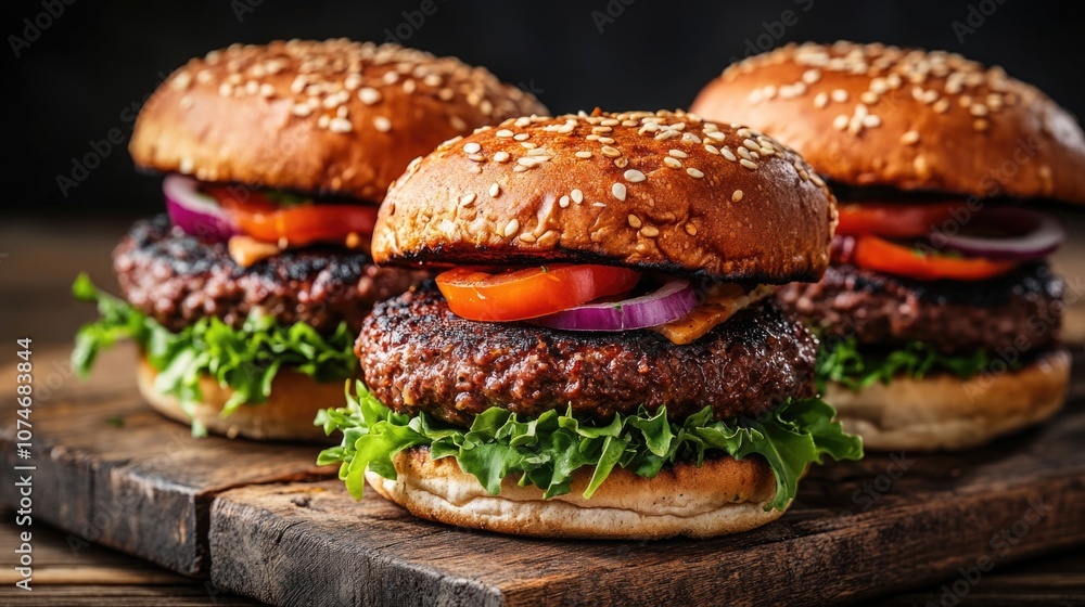 Three delicious burgers with fresh vegetables on a wooden board. Three delicious burgers with fresh vegetables on a wooden board.