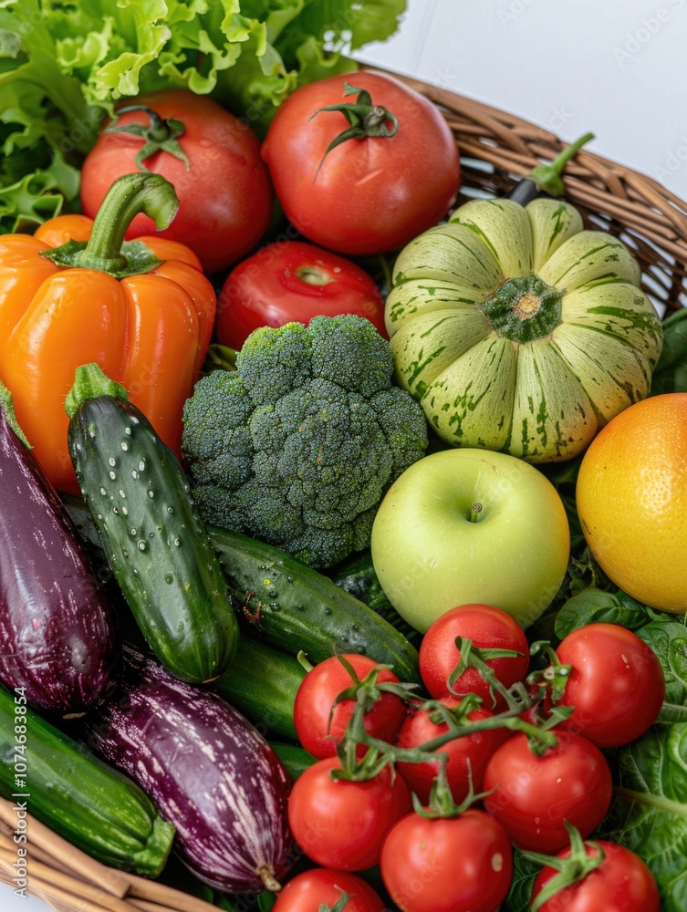 Basket full of fresh fruits and vegetables, including broccoli, apples, oranges, squash, eggplants, tomatoes, cucumbers, peppers, lettuce, zucchini. Basket full of fresh fruits and vegetables, including broccoli, apples, oranges, squash, eggplants, tomatoes, cucumbers, peppers, lettuce, zucchini.