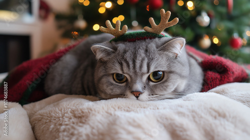 Scottish Fold cat, wearing a reindeer headband, lying on a plush holiday blanket
