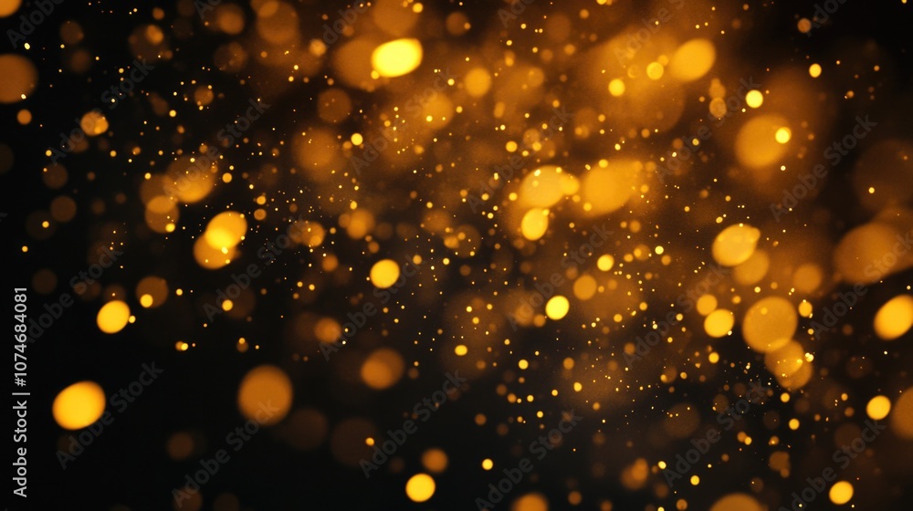 Blurry image of gold sparks with a black background. Concept of movement and energy, as if the sparks are dancing in the air. The gold color adds a warm and inviting atmosphere to the scene Blurry image of gold sparks with a black background. Concept of movement and energy, as if the sparks are dancing in the air. The gold color adds a warm and inviting atmosphere to the scene