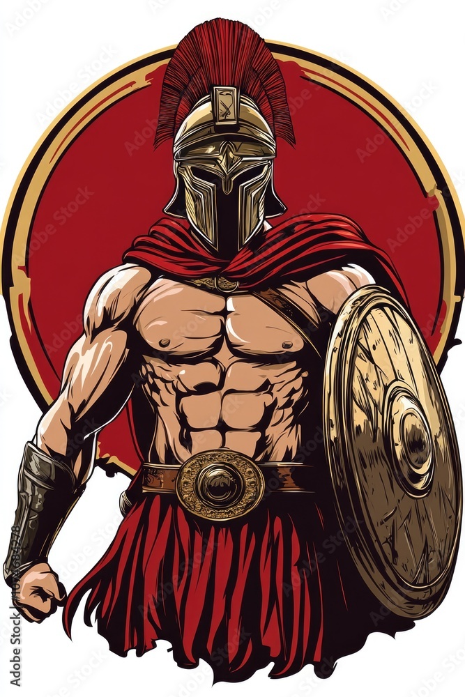 Digital art of muscular soldier in helmet with shield and spear Digital art of muscular soldier in helmet with shield and spear