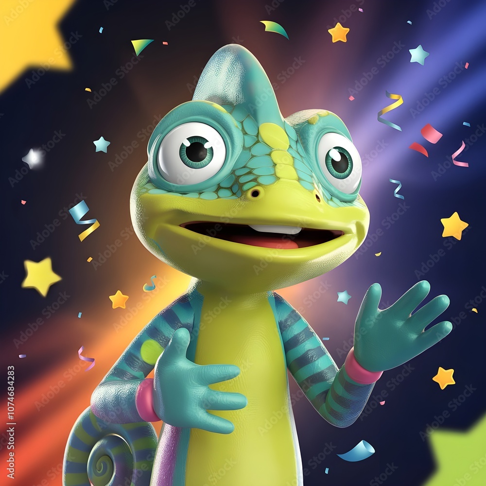 Obraz premium cartoon style humanoid chameleon mascot with a cheerful and inviting expression.