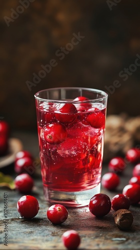 Refreshing cranberry drink served with ice, surrounded by fresh berries on a rustic wooden backdrop. photo