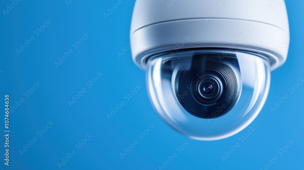A sleek security camera hangs against a blue background, showcasing modern surveillance technology with a rounded lens design. A sleek security camera hangs against a blue background, showcasing modern surveillance technology with a rounded lens design.