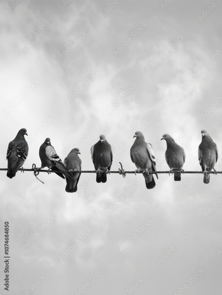 Black and white photo of pigeons perched on a single wire. Sky background. Black and white photo of pigeons perched on a single wire. Sky background.