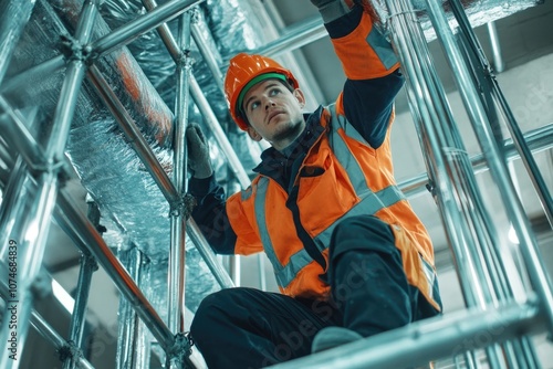 Man wearing hard hat and orange vest on scaffolding.
