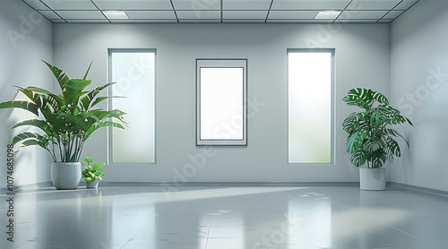 Empty office room with office sign on wall and no furniture with plants inside. photo