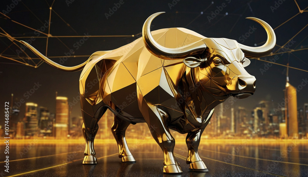 Obraz premium Golden, geometric bull sculpture with a stock market chart backdrop, symbolizing financial growth and a bullish market trend.