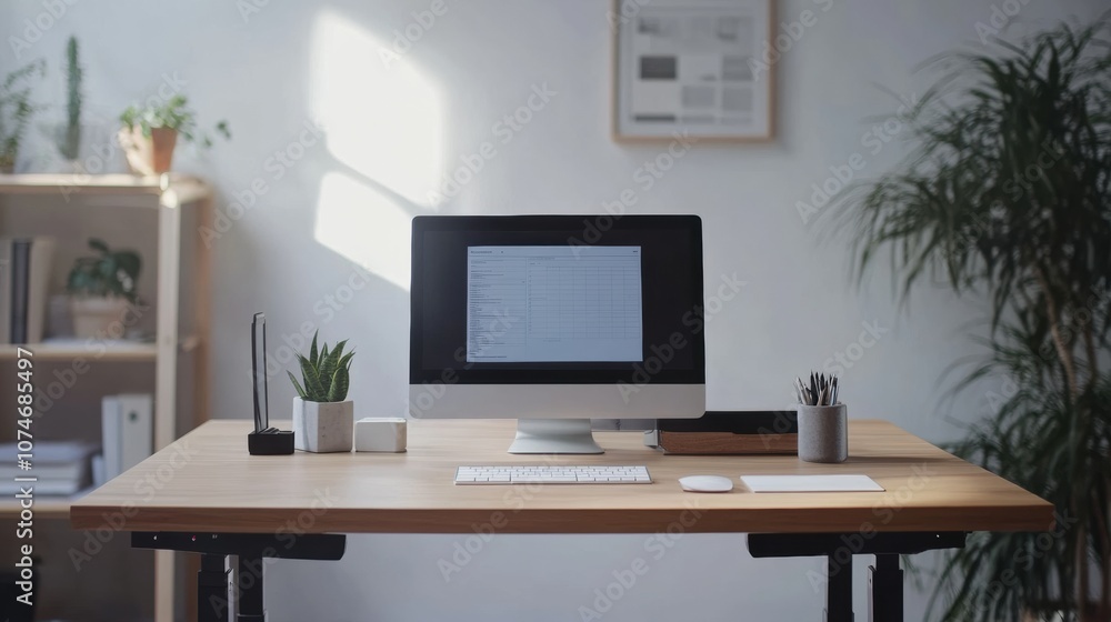 An adjustable height desk holds a computer and accessories, surrounded by plants and natural light streaming into the workspace. Generative AI An adjustable height desk holds a computer and accessories, surrounded by plants and natural light streaming into the workspace. Generative AI