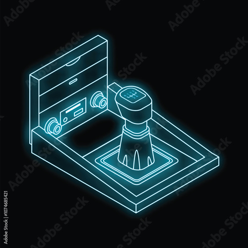 Neon glowing blue car gear stick console shifting gears on black background isometric view