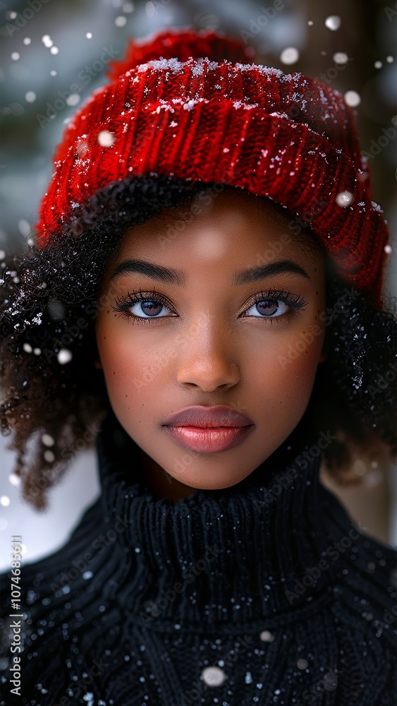 Emphasis on a black princess. Black female wearing a Christmas red hat. Happy New Year. Merry Christmas. Background with flying patterns. Close-up footage of a young woman. Generate AI. Emphasis on a black princess. Black female wearing a Christmas red hat. Happy New Year. Merry Christmas. Background with flying patterns. Close-up footage of a young woman. Generate AI.