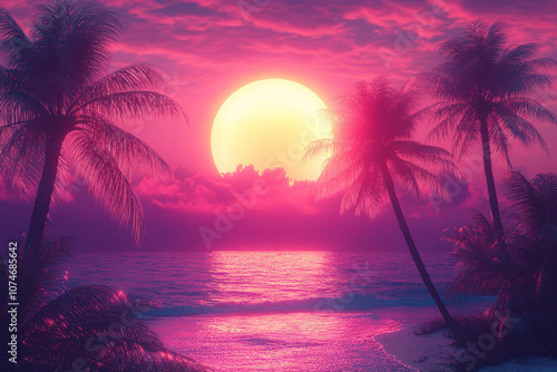 Retro style tropical sunset with palm tree silhouette and pink style. Classic 80s design illustration.
