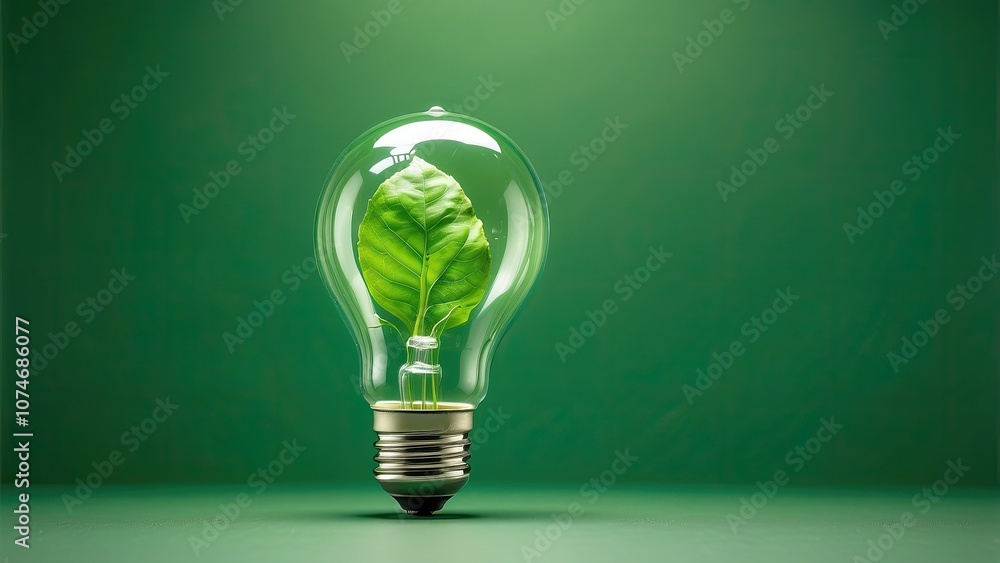 leafy light bulb on a green backdrop. sustainable, eco-friendly way of life, renewable energy source, concept, copy space, banner- leafy light bulb on a green backdrop. sustainable, eco-friendly way of life, renewable energy source, concept, copy space, banner-