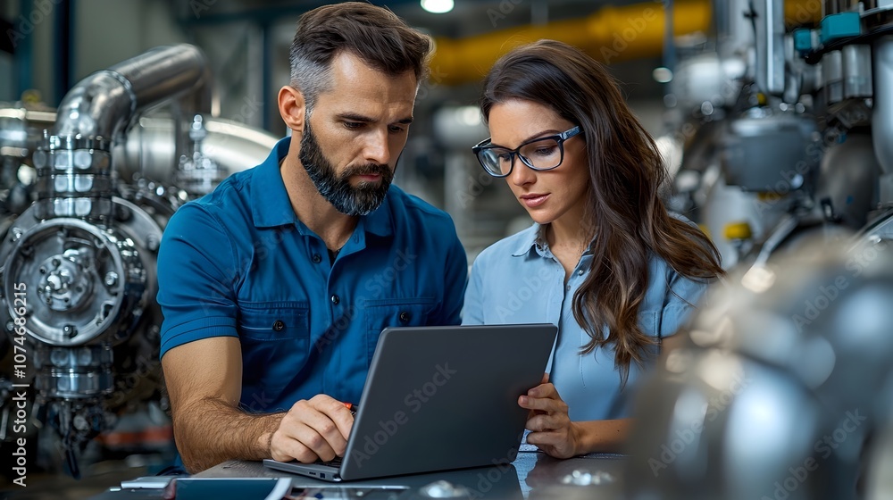 Two engineers a male and a female working together on a notebook computer in an engine room setting surrounded by various machinery and equipment Two engineers a male and a female working together on a notebook computer in an engine room setting surrounded by various machinery and equipment