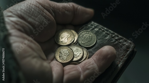 Portrait of a Weathered Hand Holding Loose Change Against an Empty Wallet Symbolizing Financial Struggles in a Collapsing Economy, Shallow Depth of Field - Ultra-Detailed Image