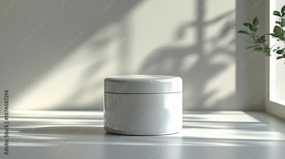 White Jar Mockup with Shadow and Plant in Background - 3D Illustration White Jar Mockup with Shadow and Plant in Background - 3D Illustration