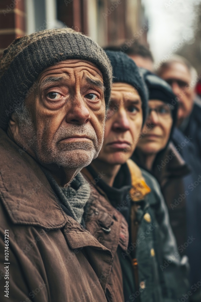 Naklejka premium An older man with a weathered face is part of a group of people waiting outside on a winter day. He's dressed in a coat and scarf, looking down and grimacing at something or someone off-camera.