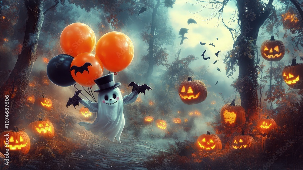 A playful ghost with a top hat holding orange and black balloons shaped like bats, drifting through a misty forest filled with glowing jack-o'-lanterns and eerie trees. A playful ghost with a top hat holding orange and black balloons shaped like bats, drifting through a misty forest filled with glowing jack-o'-lanterns and eerie trees.
