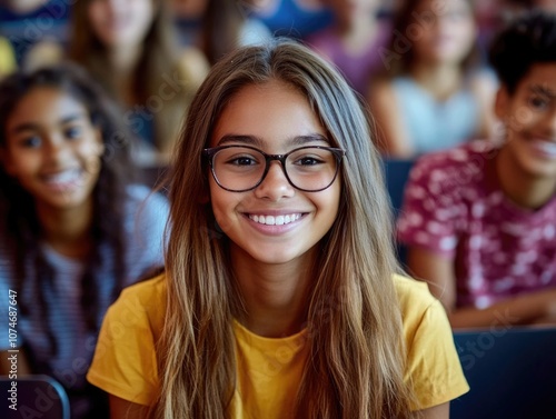 Smiling student in glasses concentrating on lesson.