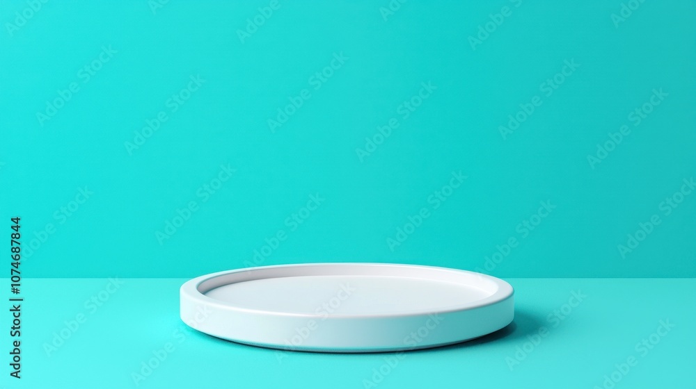 Minimalist Studio Setup Featuring a Circular White Plate on a Bright Turquoise Surface, Perfect for Product Display and Creative Shoots Minimalist Studio Setup Featuring a Circular White Plate on a Bright Turquoise Surface, Perfect for Product Display and Creative Shoots