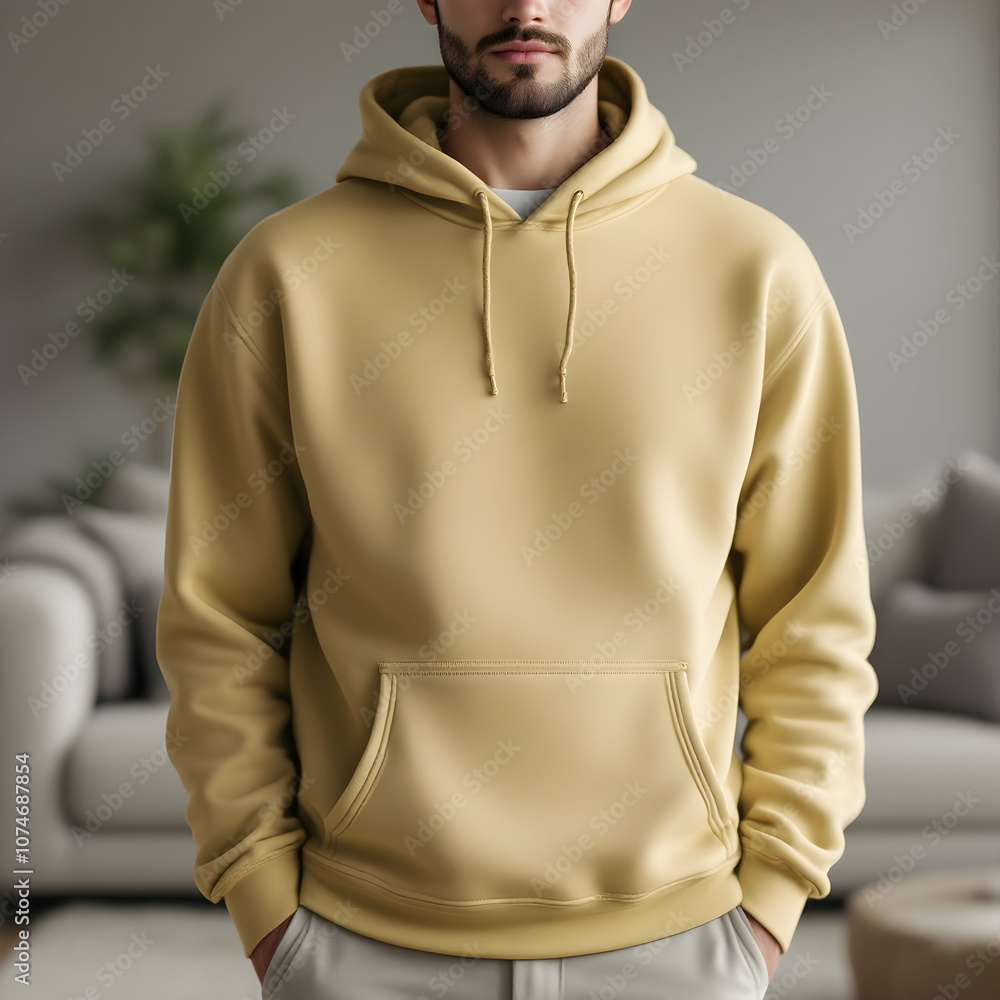 Cozy Hoodie Mockup with Customizable Front Design in Relaxed Indoor Setting Cozy Hoodie Mockup with Customizable Front Design in Relaxed Indoor Setting