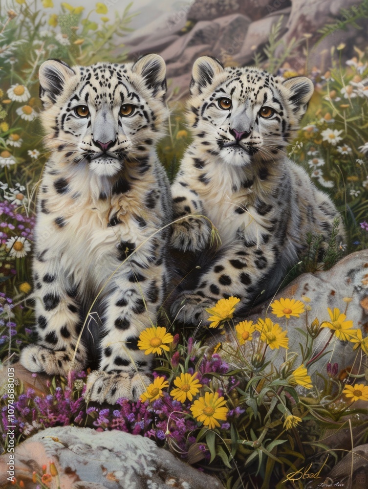 Fototapeta premium A pair of snow leopards in a wildflower meadow.