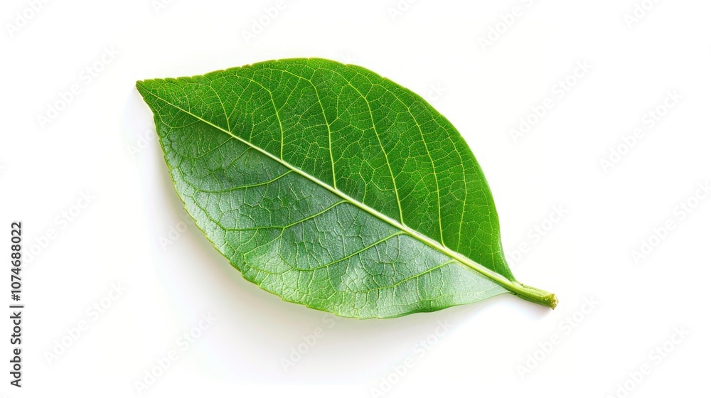 Obraz premium A single green tea leaf with veins visible, suggesting freshness and quality for beverage purposes.