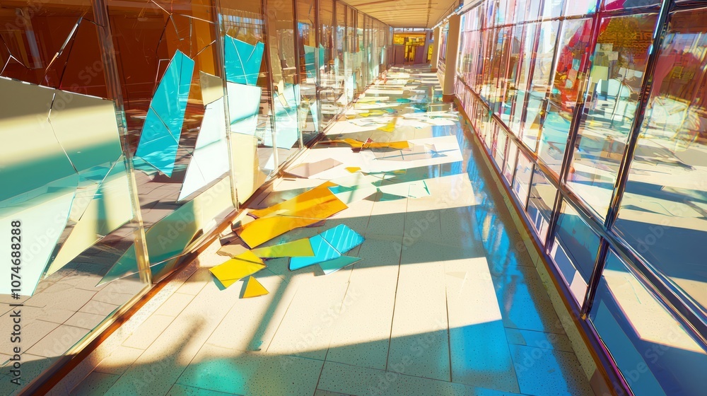 Obraz premium Remnants of Consumer Culture: Abandoned Shopping Mall with Shattered Glass and Graffiti in Vibrant Colors, Symbolizing Economic Collapse