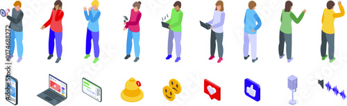 Listen social media icons set. Isometric set of people creating and interacting with online content, accompanied by relevant social media icons