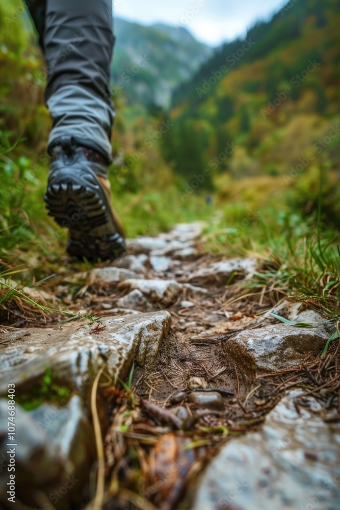 Person walking on rocky trail in mountainous area. Hiking gear and nature exploration theme. Person walking on rocky trail in mountainous area. Hiking gear and nature exploration theme.
