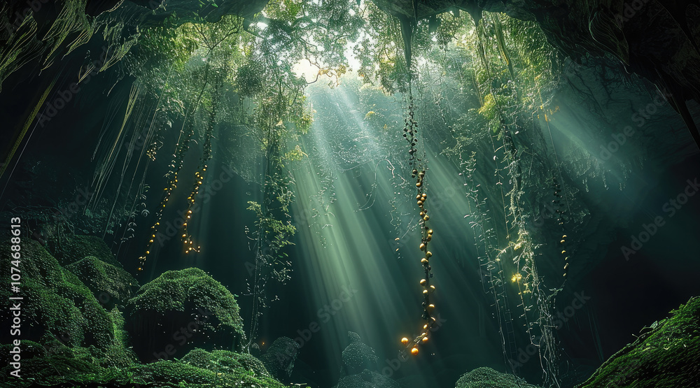 Inside a huge, mysterious cave, a forest of dense trees covers the ground, immersed in semi darkness. A beam of bright light shines through a hole in the ceiling of the cave, illuminating soft moss. Inside a huge, mysterious cave, a forest of dense trees covers the ground, immersed in semi darkness. A beam of bright light shines through a hole in the ceiling of the cave, illuminating soft moss.