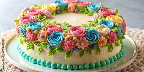 A pastel-hued cake adorned with a vibrant floral frosting design, showcasing a delicate arrangement of roses, carnations, and other blooms, symbolizing the beauty and sweetness of a special occasion.