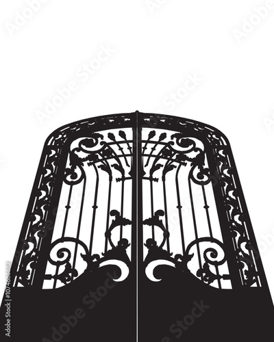 Vector detail of classic gate ornament design silhouette on white background. Wrought iron gate that is closed