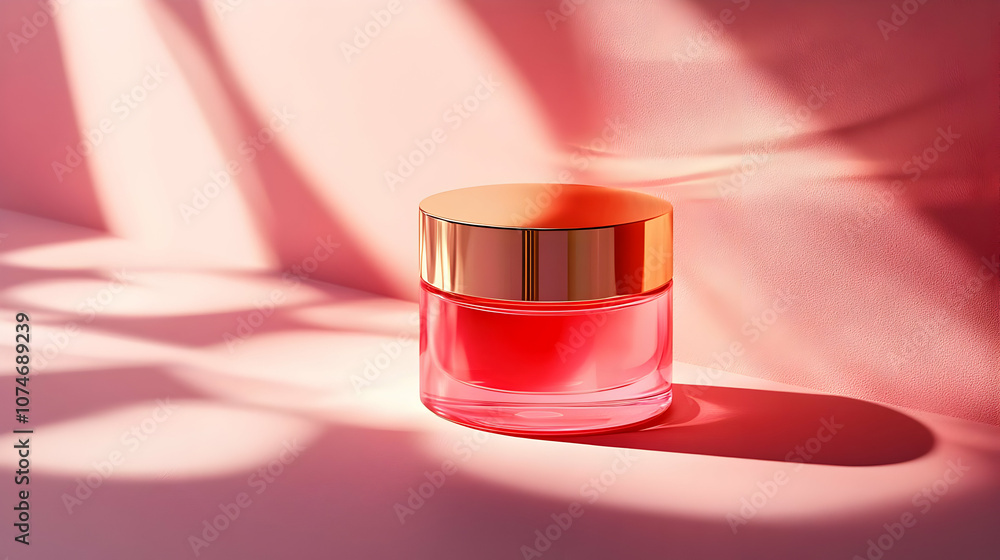 Glass Jar With Red Liquid and Gold Lid on Pink Surface with Shadows - 3d Illustration