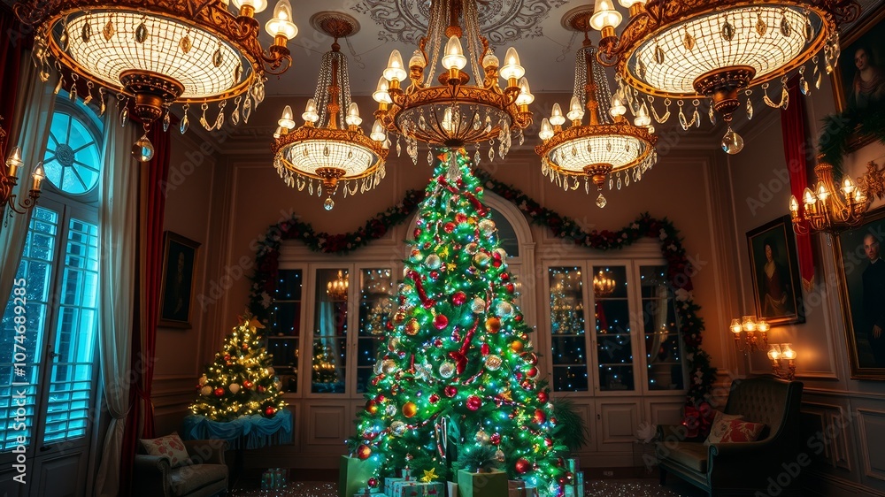 Festive Holiday Room Decor with Illuminated Chandeliers and Christmas Tree Festive Holiday Room Decor with Illuminated Chandeliers and Christmas Tree